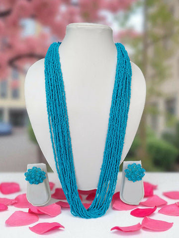 Inhanns Rangsaaz 20-Layer Luxe Long Beaded Necklace (With Optional Statement Earrings) - Sky Blue With Earring - Distacart