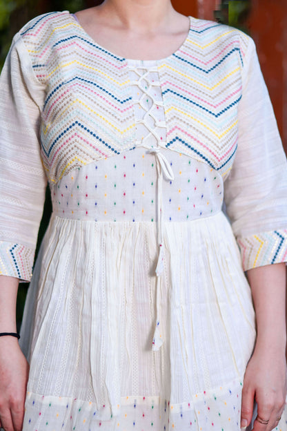 Aayaa Designer Multi Thread Hand Work Khadi Cotton One Piece Dress - Off White - Distacart