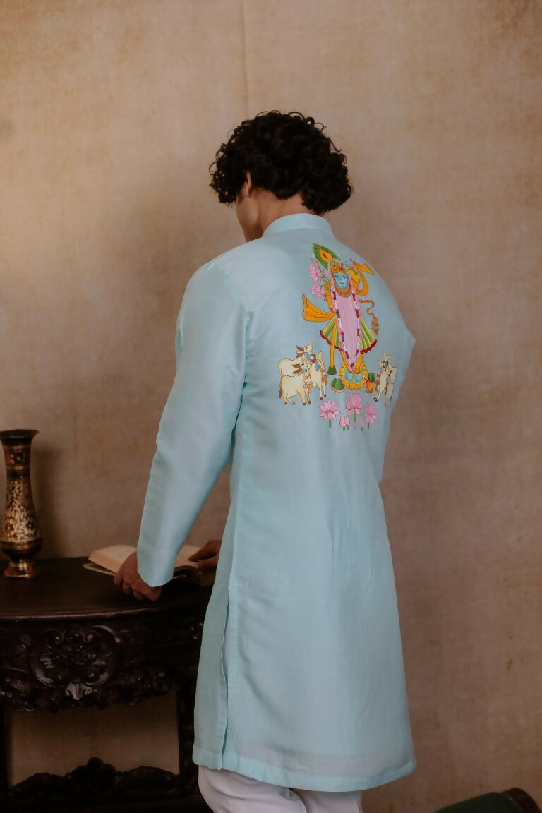 Falling Raw Silk Sea Green Vrindavan Lotus Kurta By Hilo Design - Distacart