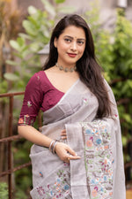 Thumbnail for Grey Pure Linen Ethnic Motifs Saree with Unstitched Blouse - A2M