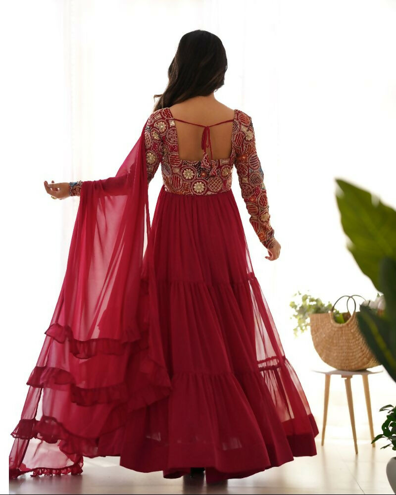 Teeya Creation Maroon Color Faux Georgette Heavy Multi Thread Work Functional Wear Gown - Distacart