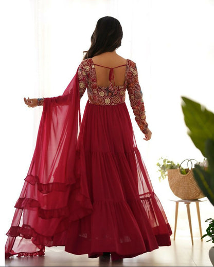 Teeya Creation Maroon Color Faux Georgette Heavy Multi Thread Work Functional Wear Gown - Distacart