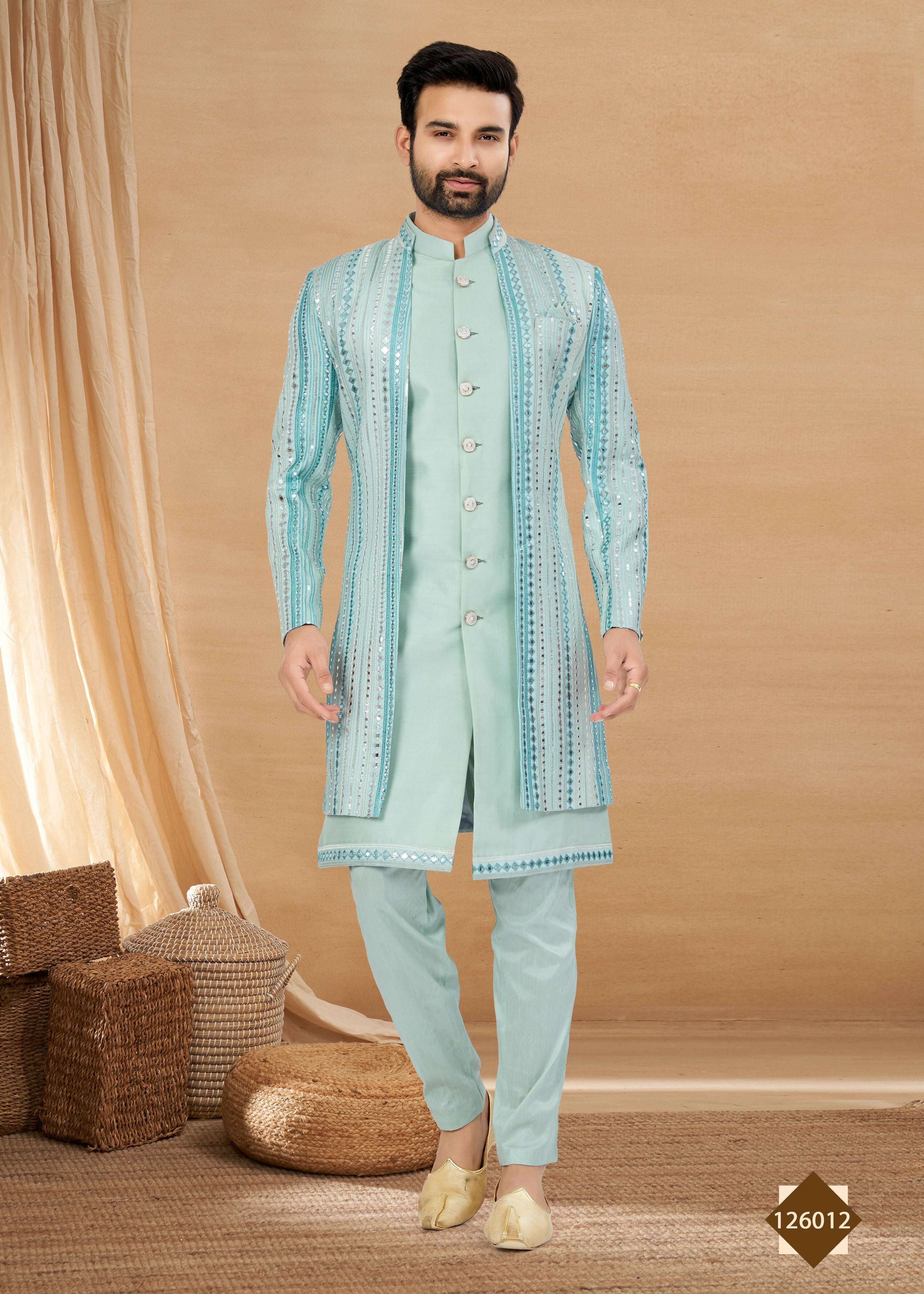 Joban Fashion Men's Sky Blue Heavy Art Silk Double Finish Plain Indowestern - Distacart