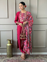 Thumbnail for Partywear Designer Viscos Chanderi Maroon Stitched Suit With Dupatta - Tanisha - Distacart