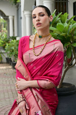 Thumbnail for Vishnu Weaves Women's Pink Paithani Silk Zari Woven Saree with Blouse