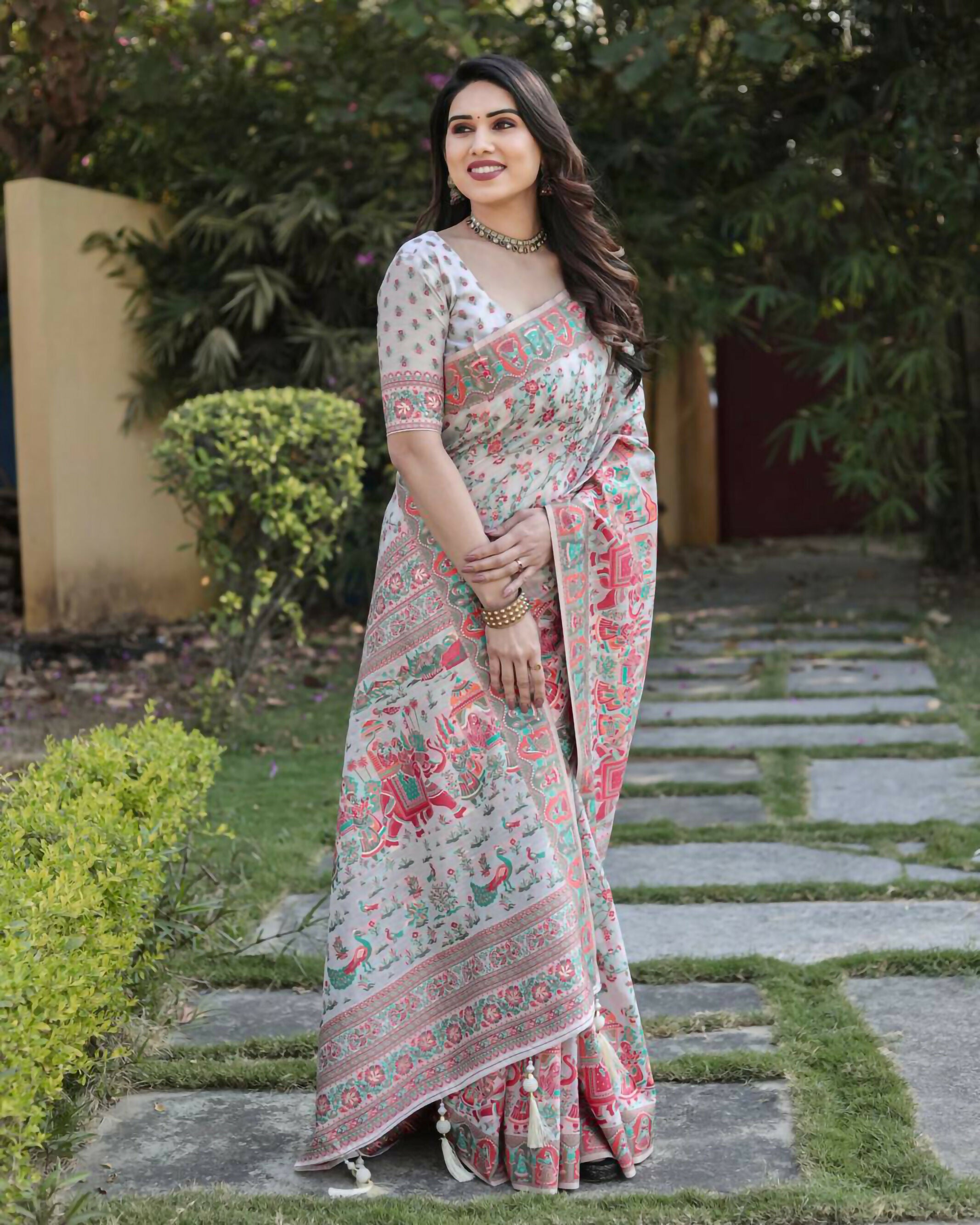 Vastranavya Luxury and Beautiful Soft, Smooth, Flowing Original Pashmina Soft Cotton Saree with Matching Blouse Fabric - Off White - Distacart