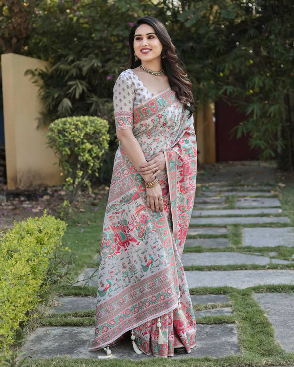 Vastranavya Luxury and Beautiful Soft, Smooth, Flowing Original Pashmina Soft Cotton Saree with Matching Blouse Fabric - Off White - Distacart