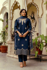 Thumbnail for The52 Navy Blue Women's Beautiful Viscose Chanderi Fabric Thread Work Straight Kurta Pant and Dupatta Set - Distacart