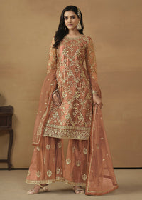 Thumbnail for Tangy Brown Net Embroidered Wedding Festive Gharara Suit - Emponline - Distacart