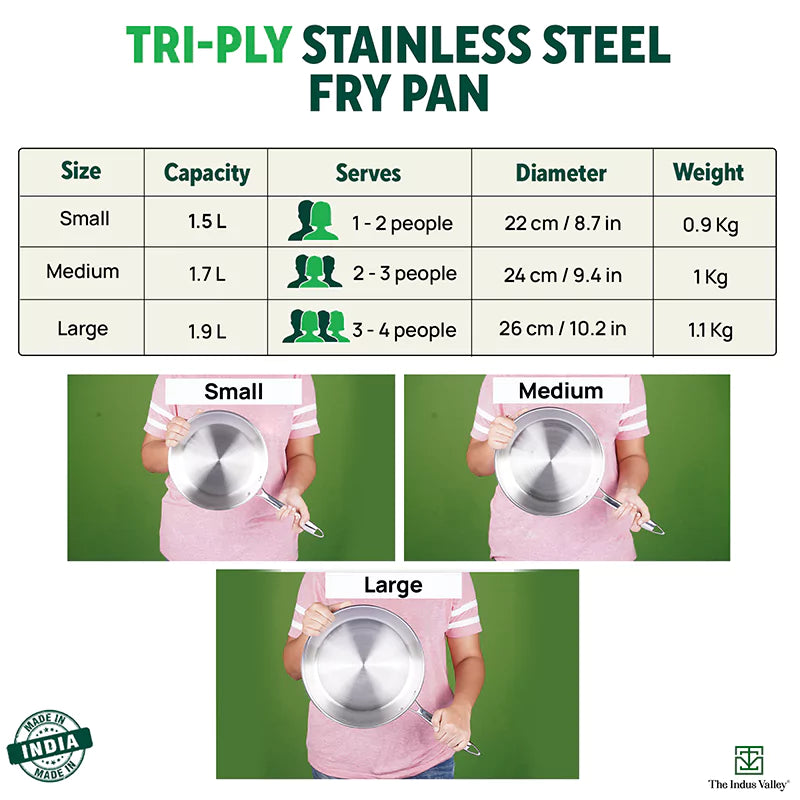 The Indus Valley TurboCuk Tri-ply Stainless Steel Fry Pan, Premium Quality, 3 Layer Thick Body, 100% Toxin-free, Non-stick, Induction & Gas,Spatula, 22/24/26 cm, 1.5/1.7/1.9L - Distacart