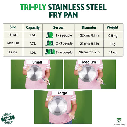 The Indus Valley TurboCuk Tri-ply Stainless Steel Fry Pan, Premium Quality, 3 Layer Thick Body, 100% Toxin-free, Non-stick, Induction & Gas,Spatula, 22/24/26 cm, 1.5/1.7/1.9L - Distacart