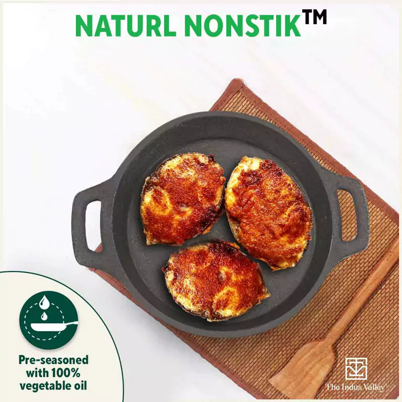 The Indus Valley CASTrong Cast Iron Fish Fry Pan, Pre-seasoned, Nonstick, 100% Pure, Toxin-free, Induction, 22.4/25cm, 1.5kg/2kg - Distacart