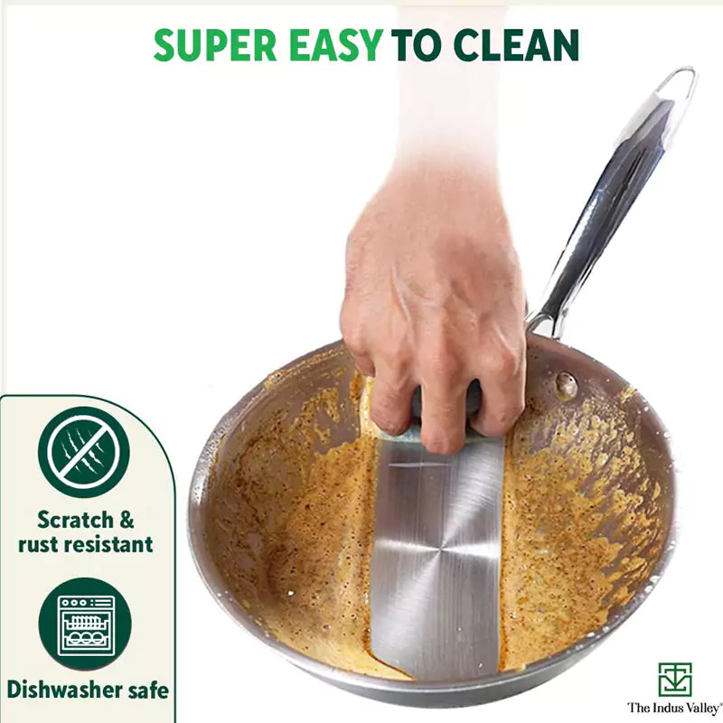 The Indus Valley TurboCuk Tri-ply Stainless Steel Fry Pan, Premium Quality, 3 Layer Thick Body, 100% Toxin-free, Non-stick, Induction & Gas,Spatula, 22/24/26 cm, 1.5/1.7/1.9L - Distacart