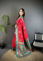 Thumbnail for Joban Fashion Hot Pink Banarasi Soft Silk Peacock Butta Work Saree - Distacart