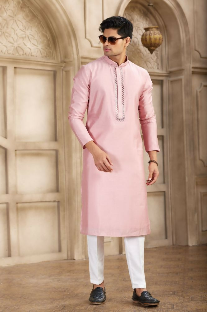 Raivat Ethnic Banarasi Art Silk Mirror Work Kurta Pajama In Dark Pink Colour