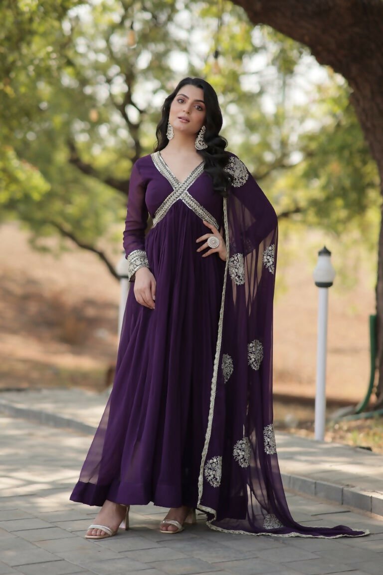 Aastha Fashion Women's Purple Faux Blooming Embroidery Zari Sequins-work Gown with Dupatta - Distacart