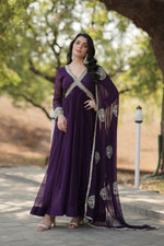 Thumbnail for Aastha Fashion Women's Purple Faux Blooming Embroidery Zari Sequins-work Gown with Dupatta - Distacart