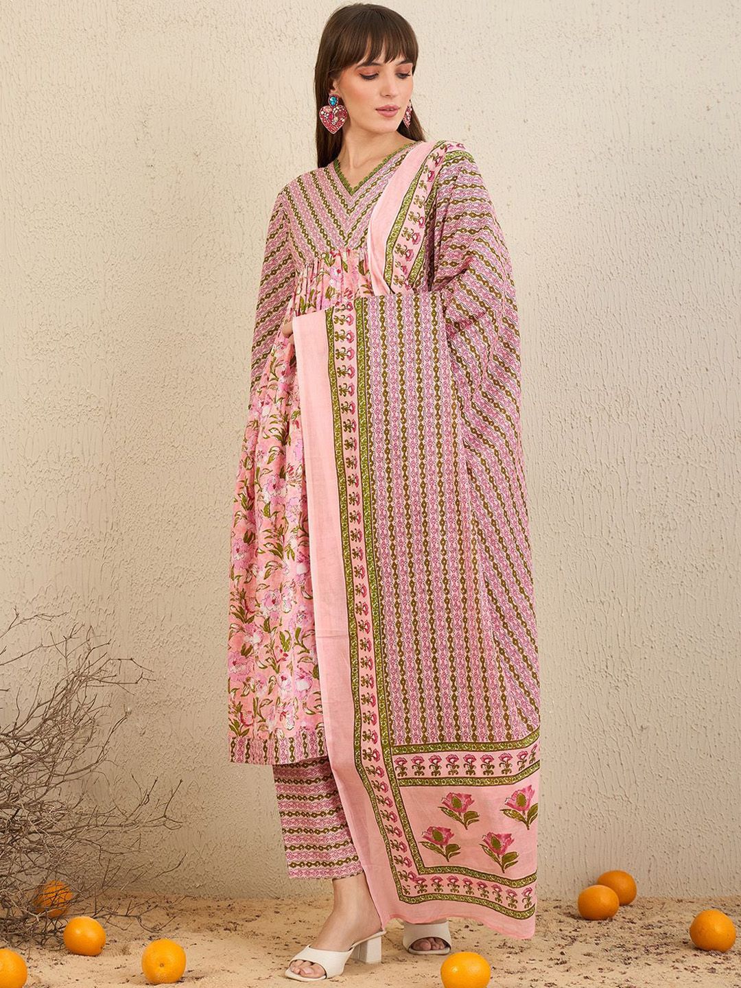 Indo Era Floral Printed Empire Pure Cotton A-Line Kurta With Trousers & Dupatta - Distacart