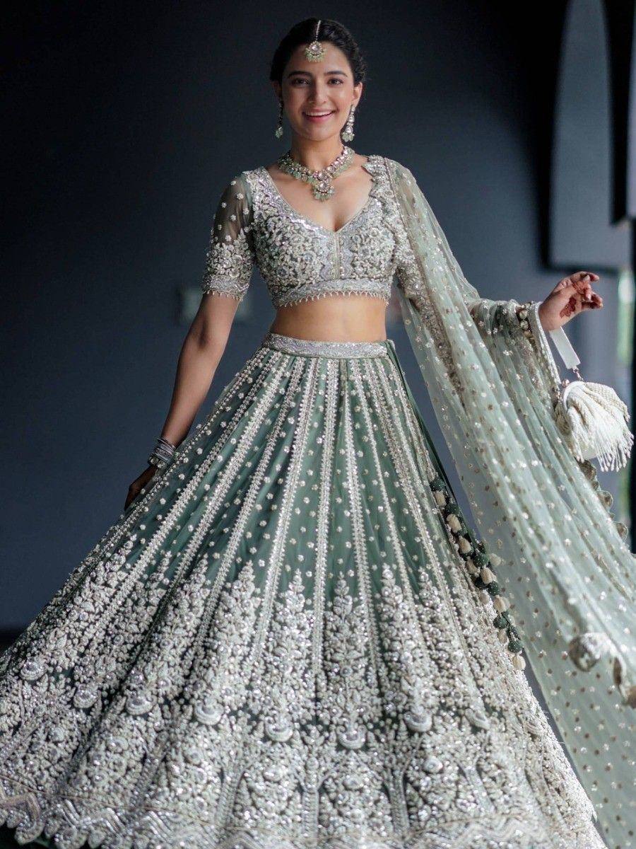 Tulsi Art Alluring Green Sequins Net Engagement Wear Lehenga Choli With Dupatta - Dista