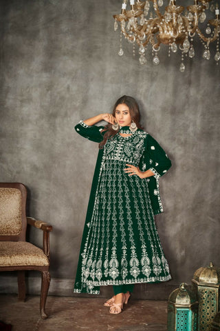 Jyoti Fashion Women's Green Net Embroidered Anarkali Kurta Pant Set With Dupatta - Distacart