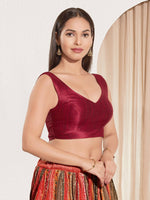 Thumbnail for Joban Fashion Dark Maroon Mulberry Silk Padded Blouse With Round Neck Sleeveless