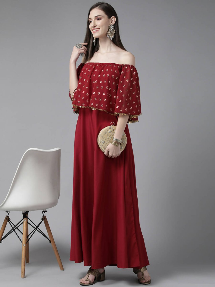 Ahalyaa Womens Maroon Cotton Blend Gold Printed Dress - Distacart