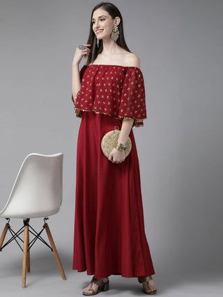 Ahalyaa Womens Maroon Cotton Blend Gold Printed Dress - Distacart