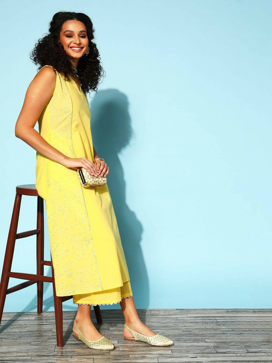 Ahalyaa Women Yellow Colour Cotton Printed Kurta Palazzo Set - Distacart