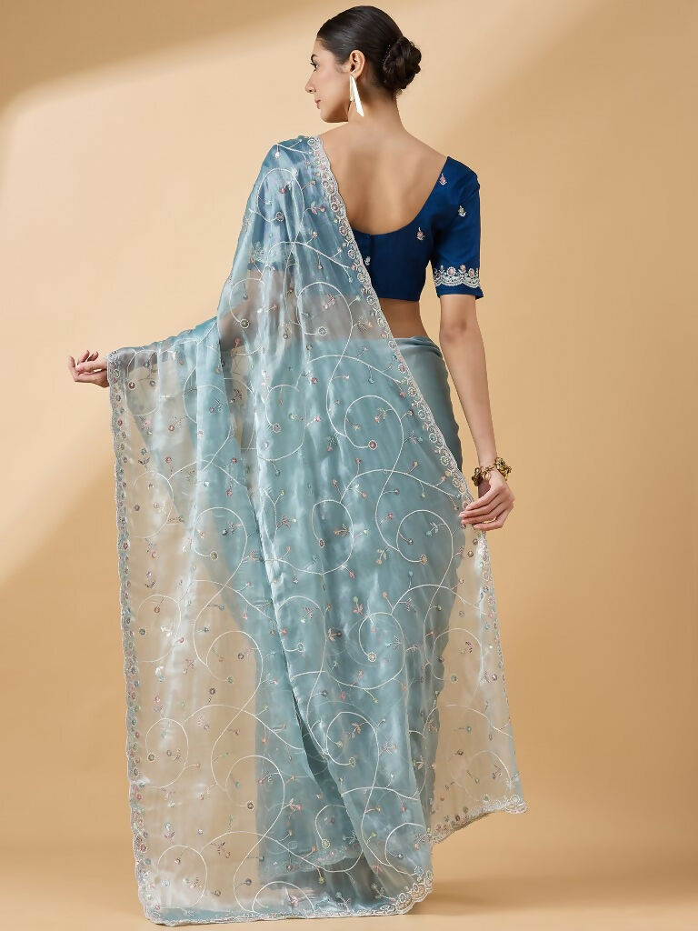Blue Organza Sequence Embroidered Saree with Unstitched Blouse - Satya - Distacart