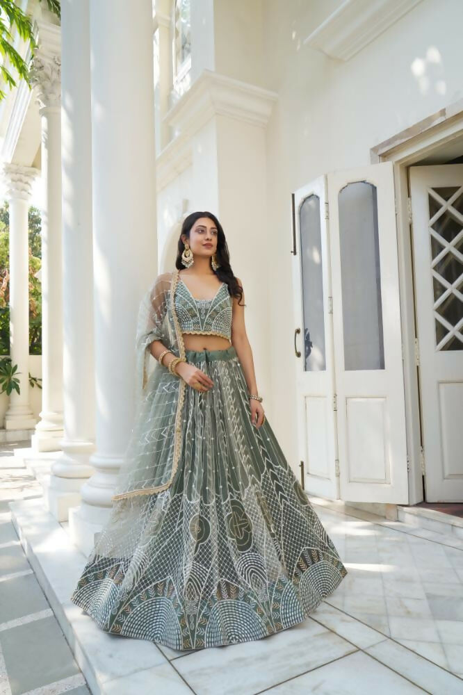 Aastha Fashion Dusty Green Butterfly Net White Cotton Thread Work And Sequence Work Embroidery Wedding Wear Lehenga Choli - Distacart