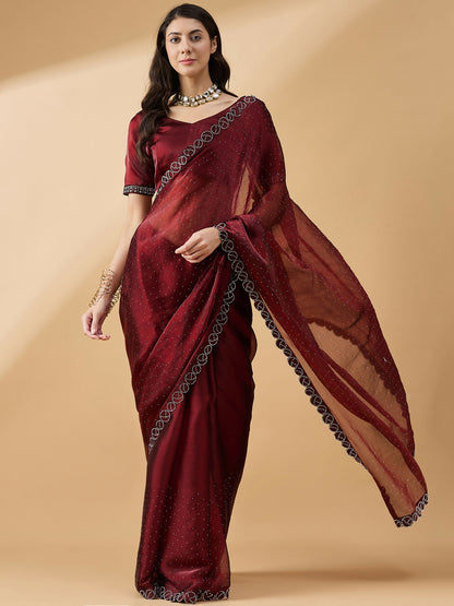 Brown Organza Swaroski Diamond Work Saree with Unstitched Blouse - Radha - Distacart