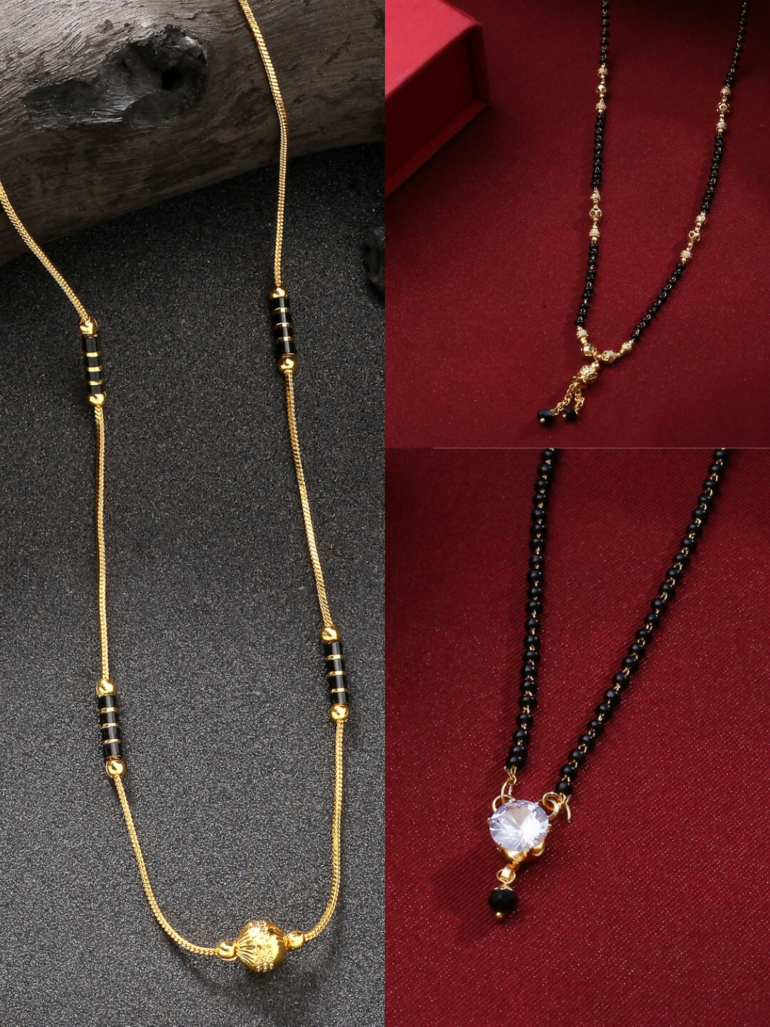 NVR Women's Set of 3 Gold-Polished CZ Stone-Studded & Beaded Mangalsutra - Distacart