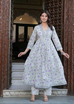 Thumbnail for Jaimini Women Cotton Printed V-Neck 3/4 Sleeves Calf Length Flared Kurta Pant And Dupatta Set - Dista
