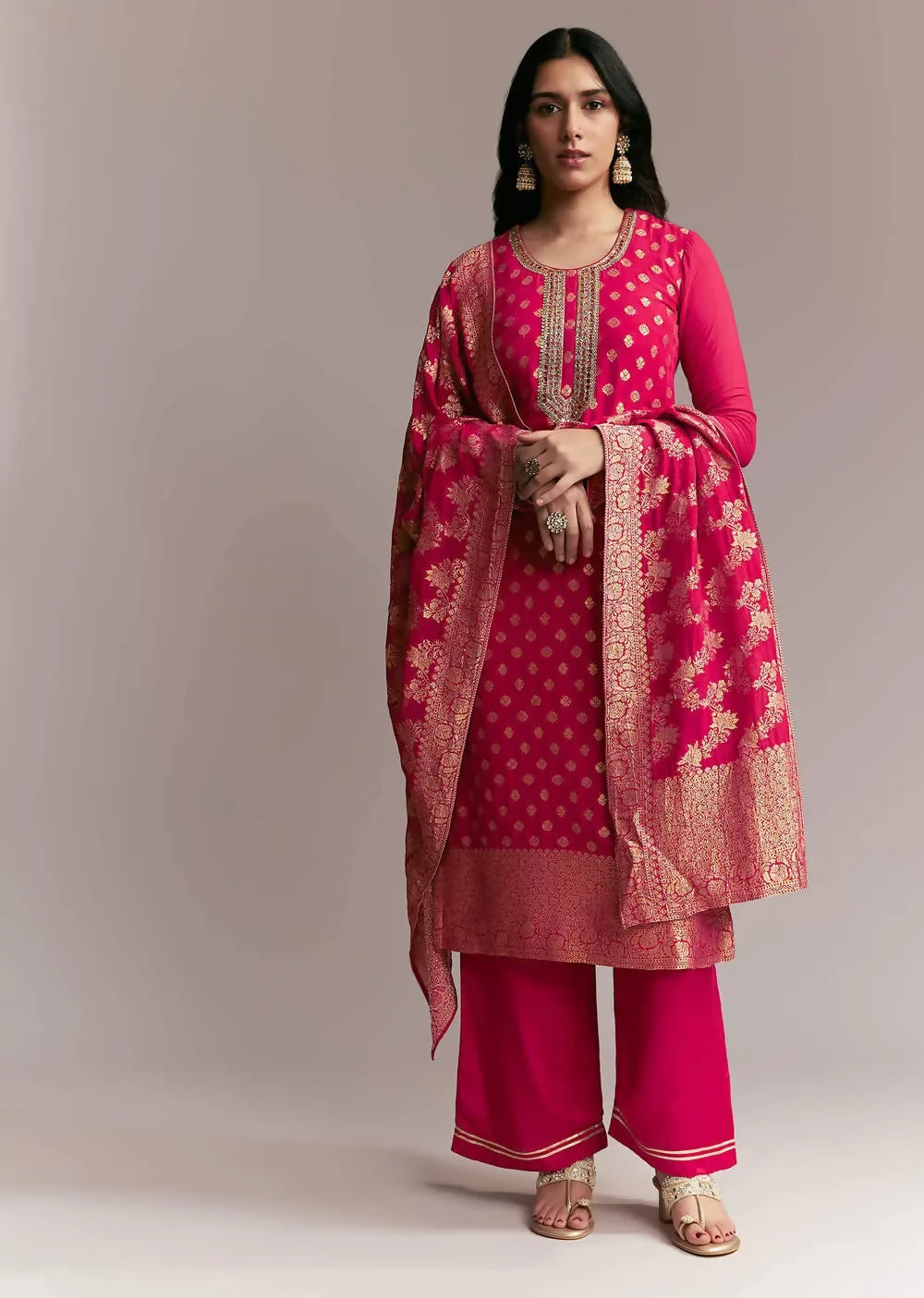 Teeya Creation Womens Rani Pink Banarasi Woven Kurta Palazzo Set with Heavy Jacquard Dupatta