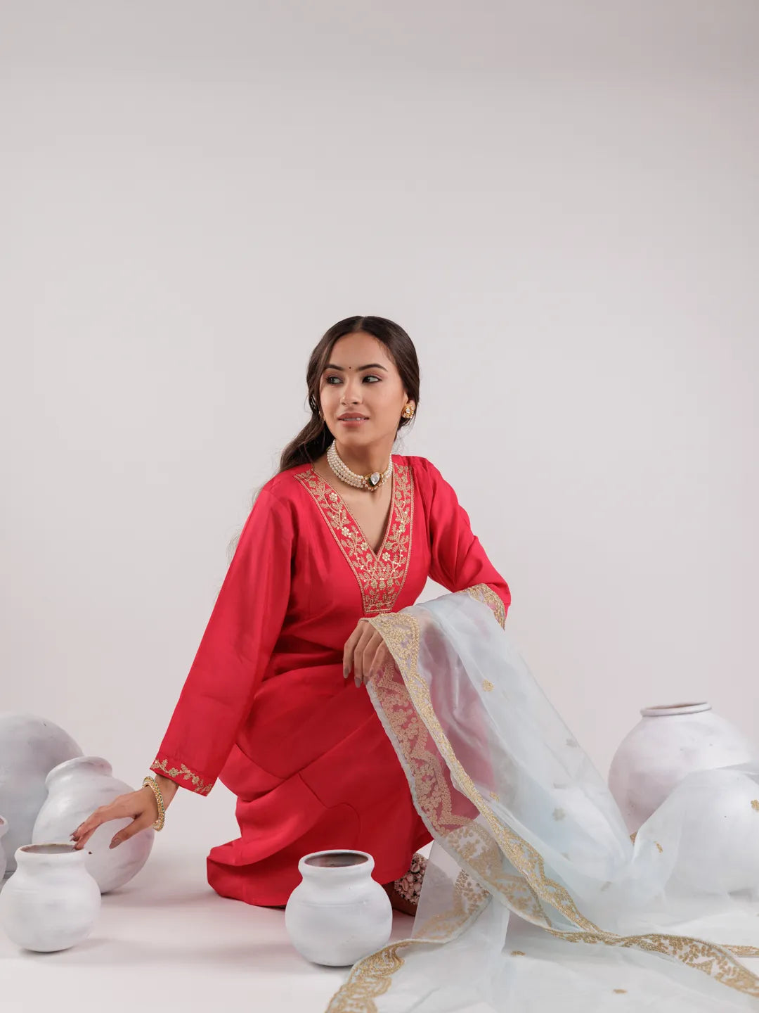 Yufta Fuchsia Silk Embroidered Kurta Dupatta Set