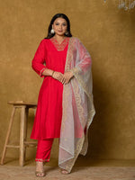 Thumbnail for Yufta Fuchsia Silk Embroidered Plus Size Kurta Dupatta Set