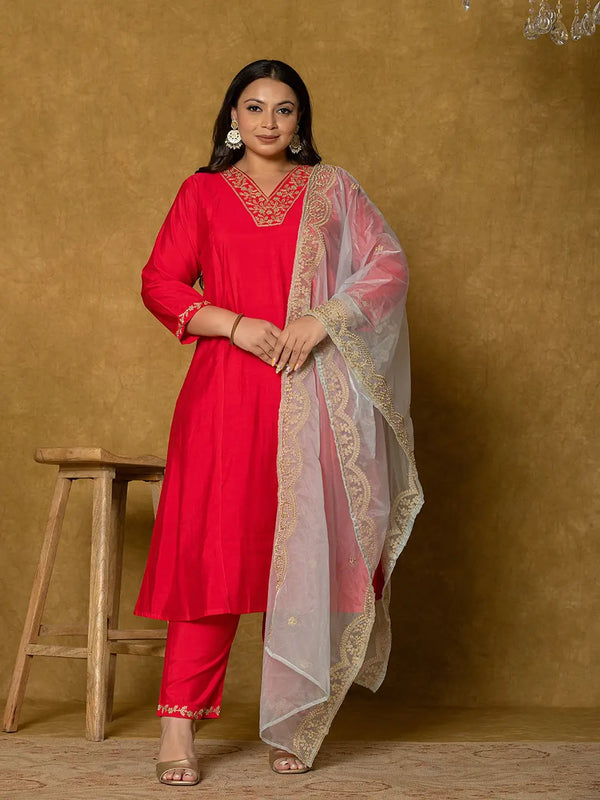 Yufta Fuchsia Silk Embroidered Plus Size Kurta Dupatta Set