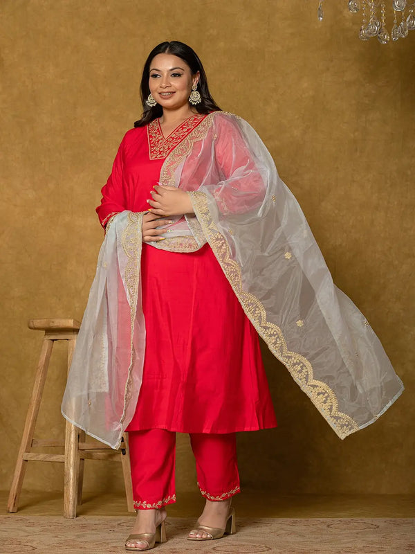 Yufta Fuchsia Silk Embroidered Plus Size Kurta Dupatta Set