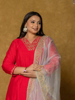 Thumbnail for Yufta Fuchsia Silk Embroidered Plus Size Kurta Dupatta Set