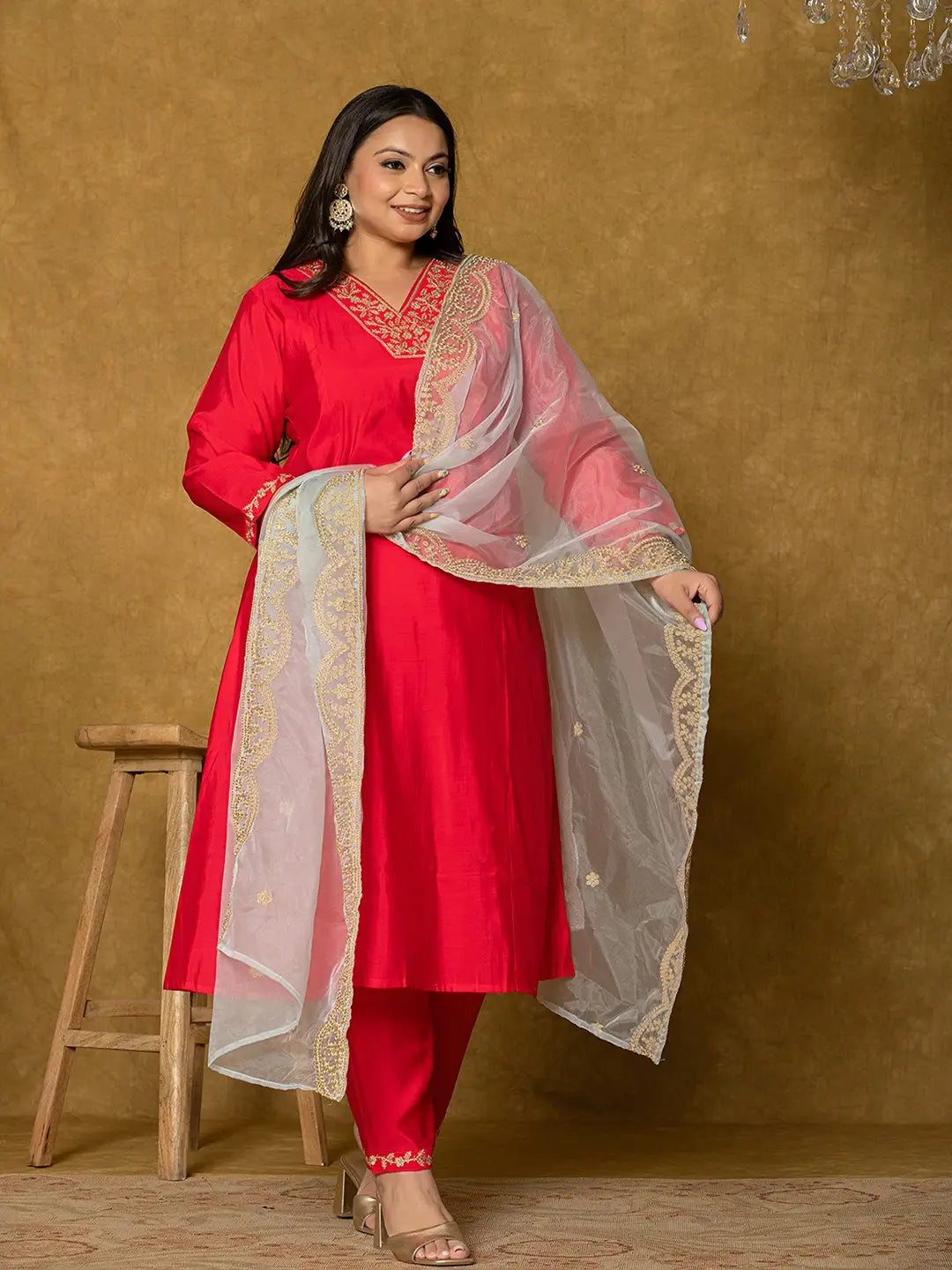 Yufta Fuchsia Silk Embroidered Plus Size Kurta Dupatta Set
