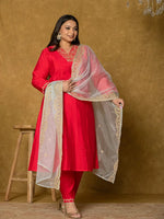 Thumbnail for Yufta Fuchsia Silk Embroidered Plus Size Kurta Dupatta Set