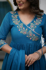 Thumbnail for The52 Petrol Women's Beautiful Parampara Fabric Embroidered Work Flared Kurta Pant and Dupatta Set - Distacart