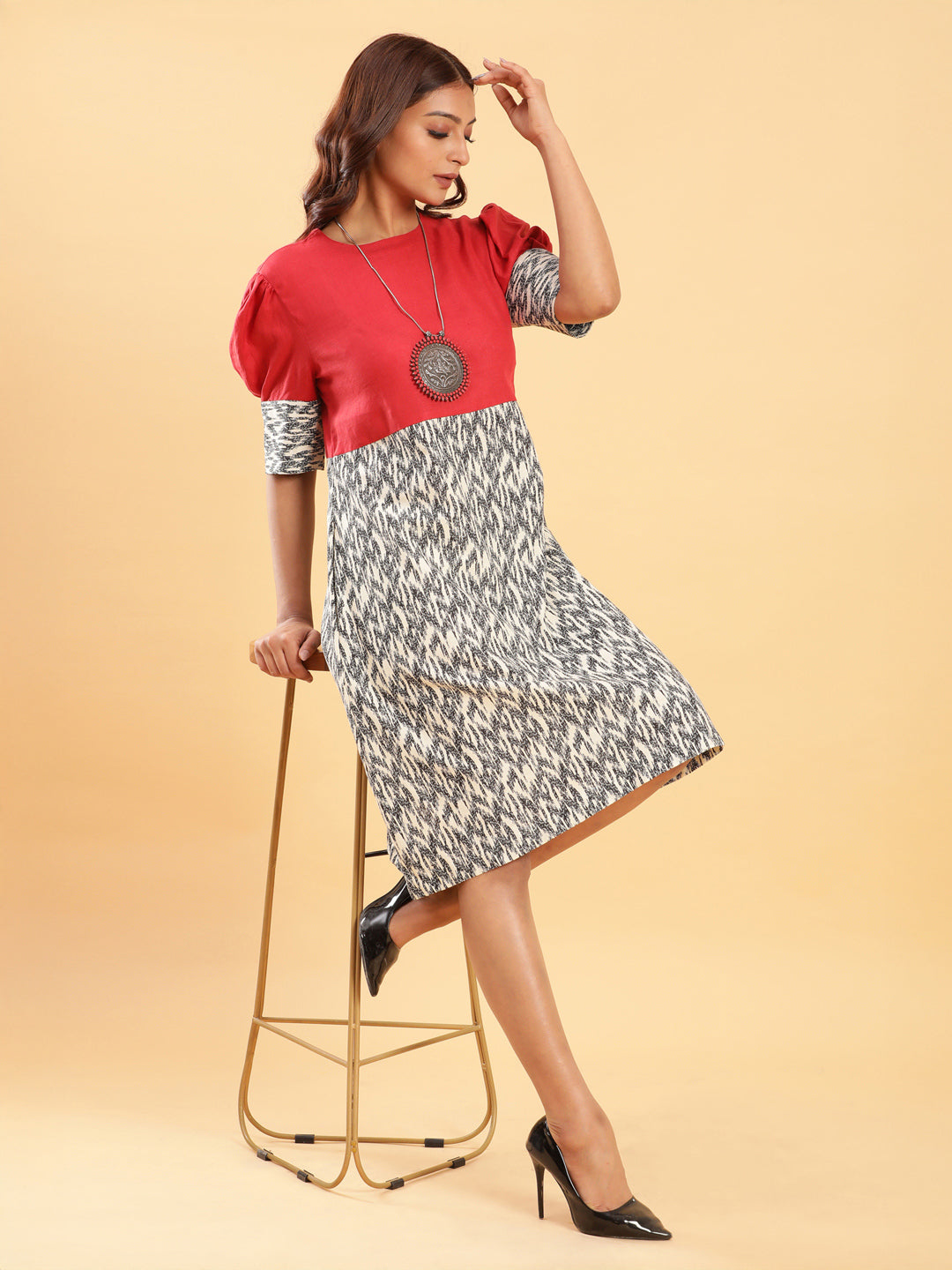 BohoJazz Fusion Ikkat and Red Linen Sheath Dress