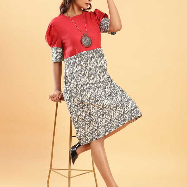BohoJazz Fusion Ikkat and Red Linen Sheath Dress