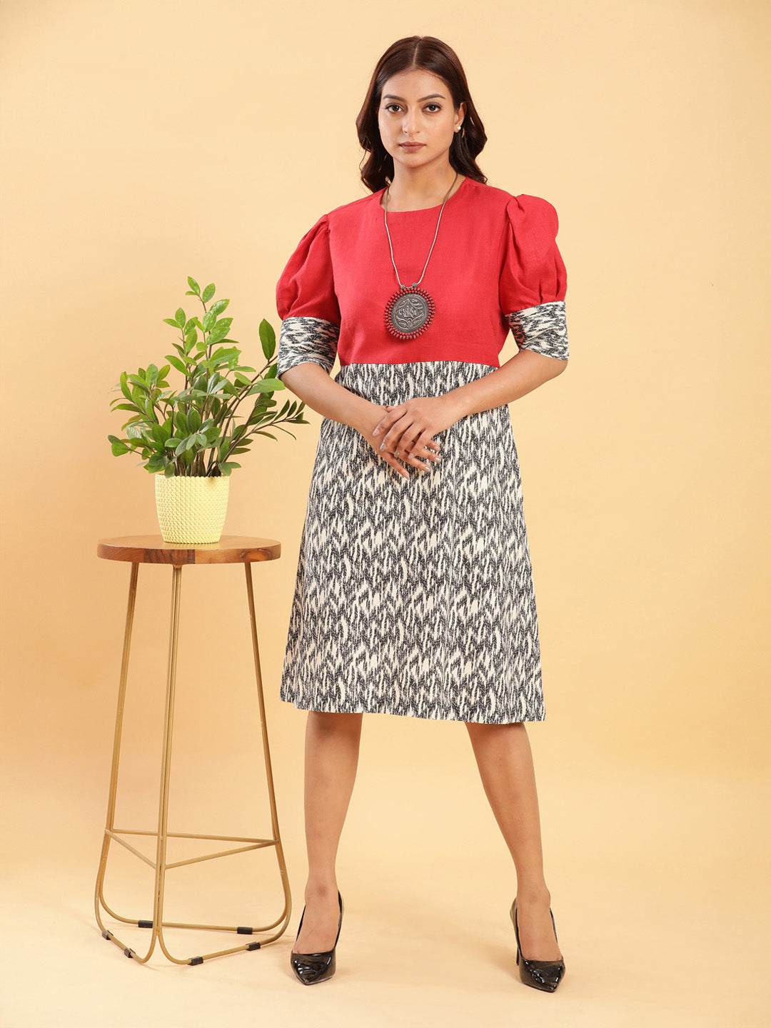 BohoJazz Fusion Ikkat and Red Linen Sheath Dress