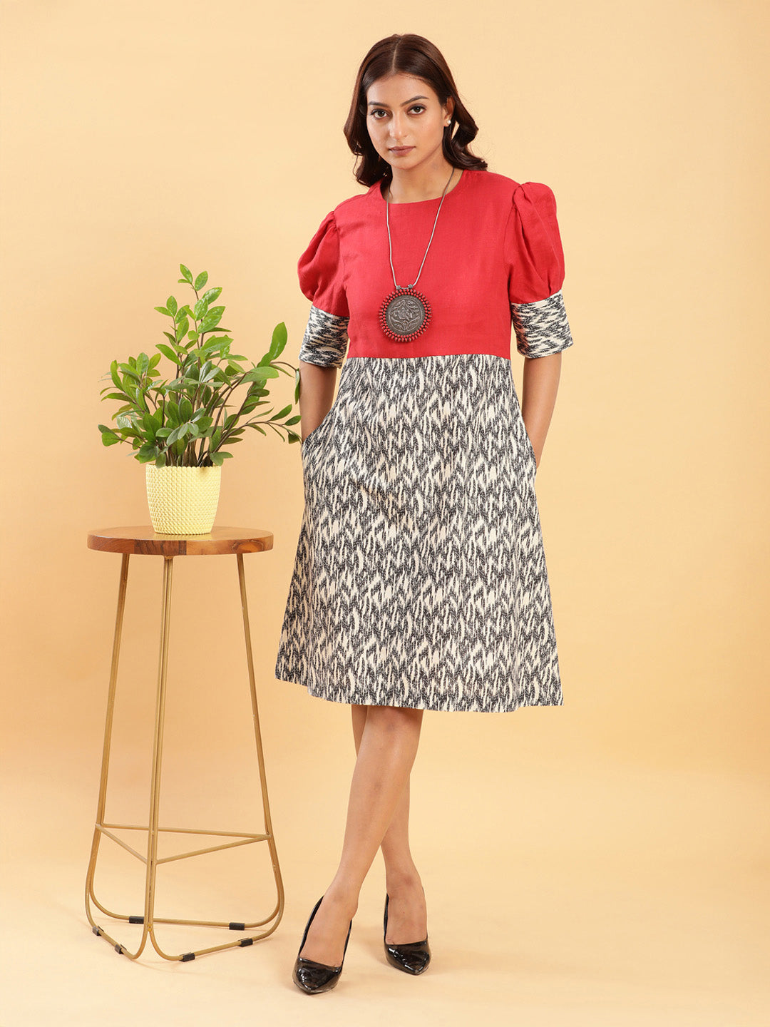 BohoJazz Fusion Ikkat and Red Linen Sheath Dress