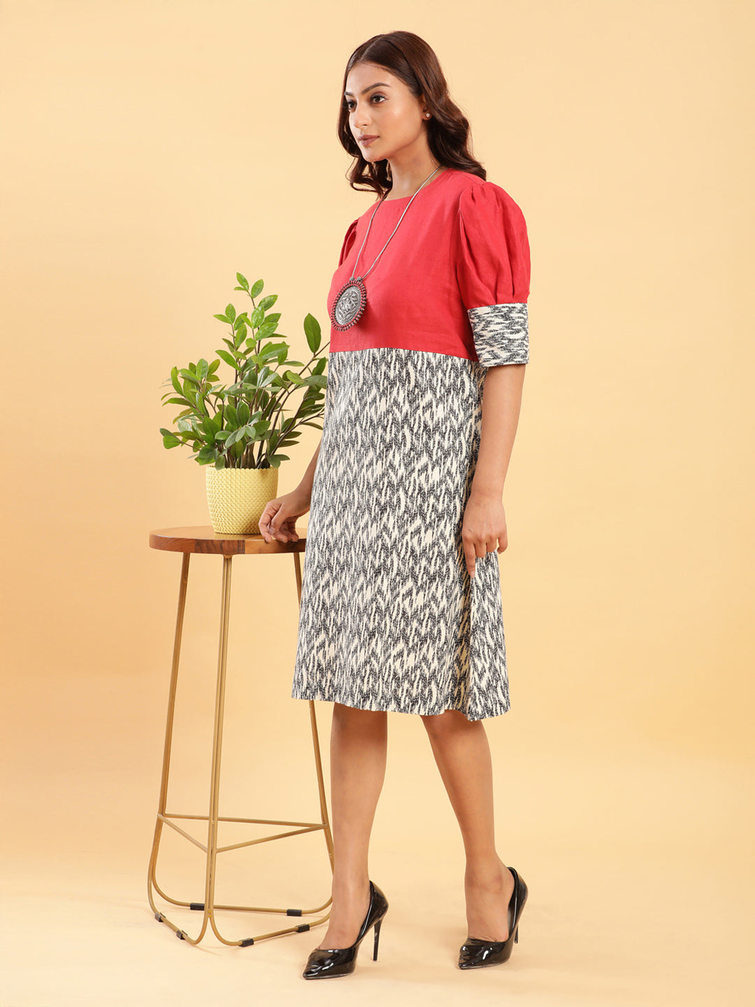 BohoJazz Fusion Ikkat and Red Linen Sheath Dress