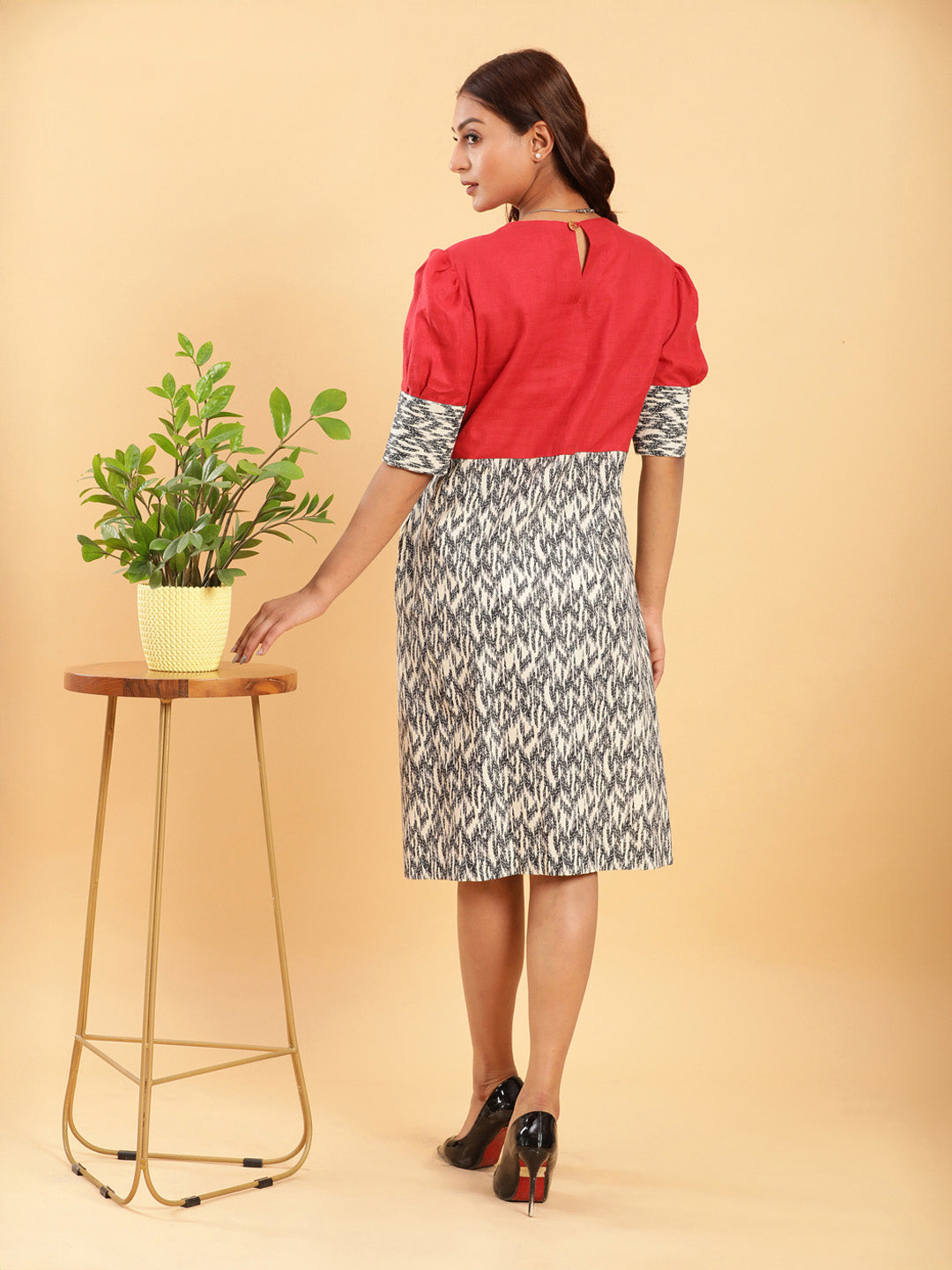 BohoJazz Fusion Ikkat and Red Linen Sheath Dress
