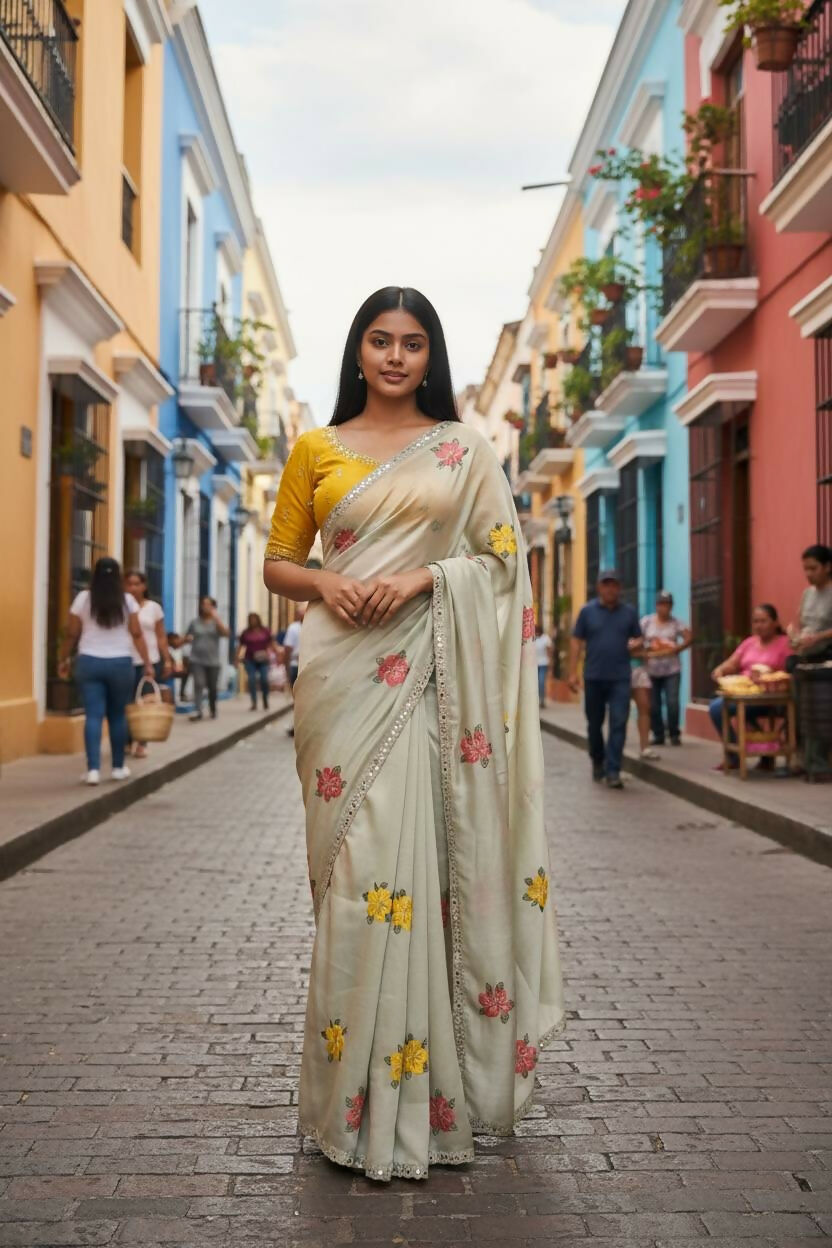 Teeya Creation Cream Rangoli Silk Embroidery Work Party Wear Designer Saree - Distacart