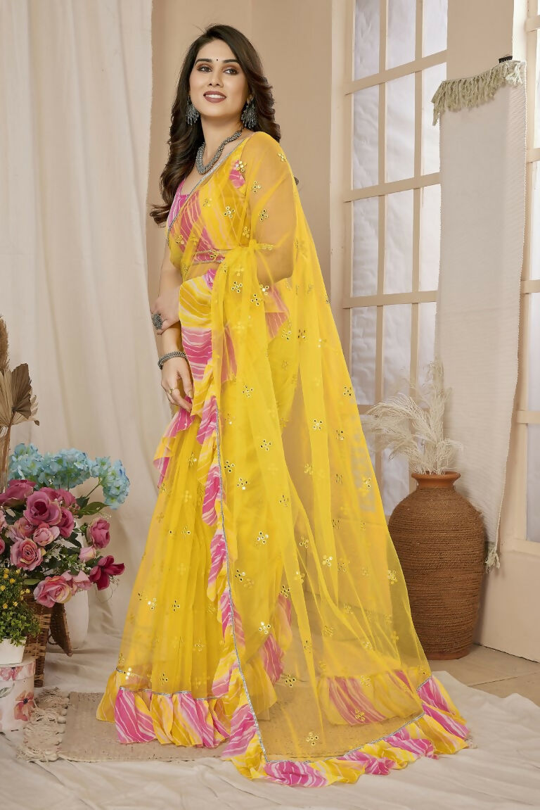 Partywear Designer Yellow Net Fancy Saree - Dyuti - Distacart